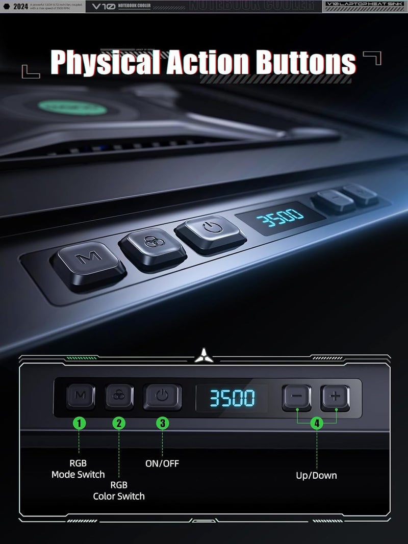 llano وسادة تبريد لابتوب للألعاب V10، حامل لابتوب RGB مع مروحة تبريد توربينية خارجية قوية بحجم 4.72 بوصة، تبريد سريع للكمبيوتر 13-17.3 بوصة، تحكم بالزر، 3 وضعيات قابلة للتعديل، 4 منافذ USB C&A - Image 4